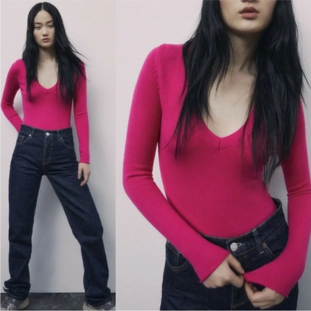 ZARA | NEW Magenta Pink Long Sleeve Knit Sweater Bodysuit V-Neck Women’s Size S